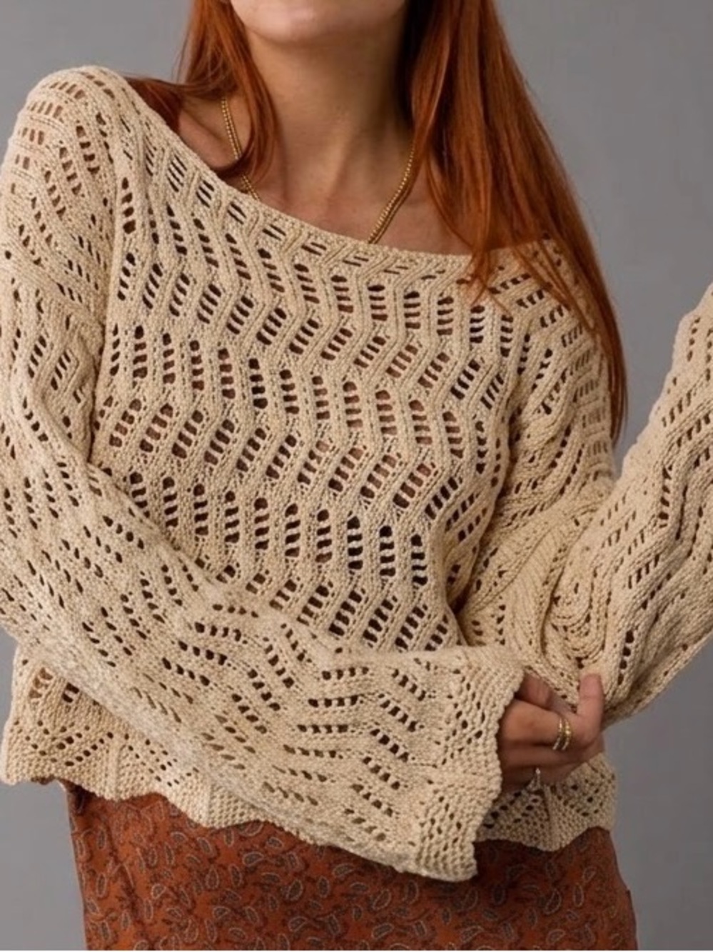 American Eagle Outfitters Beige Open-Knit Crochet Sweater M